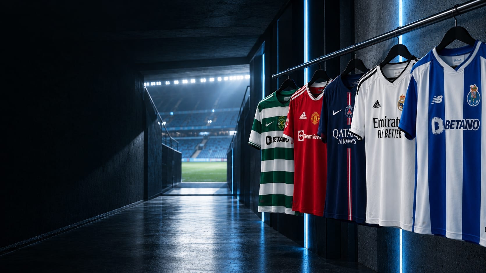 Camisolas de futebol penduradas no túnel de um estádio